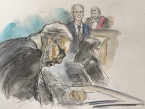 A court sketch showing Jamuar Vijaya (front),  
defence lawyer Scott Hutchison, Crown attorney Lisa Henderson and Justice Daniel Moore (PAM DAVIES ILLUSTRATION)