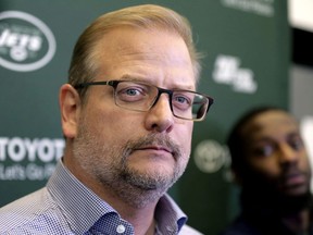 In this Dec. 31, 2018 file photo, New York Jets general manager Mike Maccagnan speaks to reporters in Florham Park, N.J. The New York Jets have fired Maccagnan and coach Adam Gase will serve as the acting GM in his place. The stunning decision by team chairman and CEO Christopher Johnson was announced in a statement posted on the team's Twitter account. Maccagnan had been the Jets' general manager since 2015.