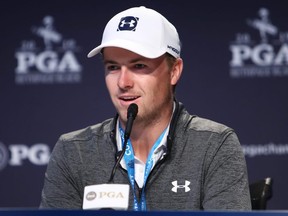 Jordan Spieth speaks to the media during a press conference during a practice round prior to the 2019 PGA Championship at the Bethpage Black course in Farmingdale, N.Y., on Wednesday, May 15, 2019