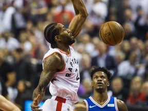 Raptors' Kawhi Leonard goes to the rim against the Sixers during Game 5 in Toronto on Tuesday night. (ERNEST DOROSZUK/TORONTO SUN)