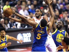Kawhi Leonard in action in second quarter action as the Toronto Raptors lead the Golden State Warriors in Game 1 of the NBA Finals in Toronto on Thursday May 30, 2019.