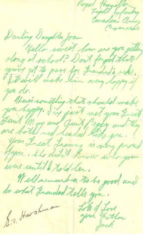 A letter from Sergeant John Albert Collis to his daughter Joan.