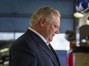 Ontario Premier Doug Ford heads outside after addressing media at the Thorncrest Ford dealership, near The Queensway and Highway 427, in Toronto, Ont. on Monday April 1, 2019.