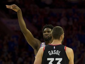 Raptors’ Marc Gasol, a defensive genius, could not contain Sixers’ Joel Embiid throughout Game 3 in Philadelphia.(GETTY IMAGES)