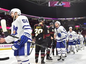 The Marlies shakes hands with the Monsters after sweeping Cleveland in four straight. JOHN SARAYA PHOTO