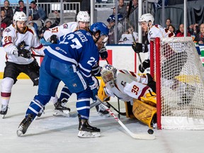 Toronto Marlies forward Jeremy Bracco tries to score on Cleveland Monsters goaltender Brad Thiessen during their AHL playoff series last night at Coca-Cola Coliseum. Bracco had four assists in the game. (Courtesy of the Toronto Marlies)