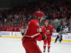 Martin Necas celebrates a Checkers goal during Game 6 against the Toronto Marlies in Charlotte on Sunday night. (Photo courtesy of the Charlotte Checkers)