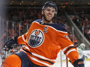 Edmonton Oilers' Connor McDavid celebrates a goal against the Dallas Stars during second period NHL action in Edmonton, Alta., on Thursday March 28, 2019.