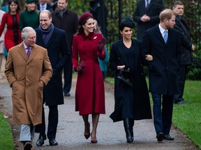 Prince Charles, Prince William, Kate, Meghan and Prince Harry arrive for the Royal Family's traditional Christmas Day service at St Mary Magdalene Church in Sandringham, Norfolk, eastern England December 25, 2018. (Photo by PAUL ELLIS/AFP via Getty Images)