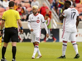 Toronto FC midfielder Alejandro Pozuelo (10) walks off the field after a red card as during an MLS soccer match against Real Salt Lake, Saturday, May 18, 2019, in Sandy, Utah. He'll miss next Sunday's game against San Jose as a result. (Trent Nelson/The Salt Lake Tribune via AP) ORG XMIT: UTSAC303