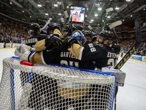 The Newfoundland Growlers celebrate after defeating the Florida Everblades in game 5 of the East Coast Hockey League eastern conference championship in St. John's on May 18, 2019. THE CANADIAN PRESS/HO - Jeff Parsons