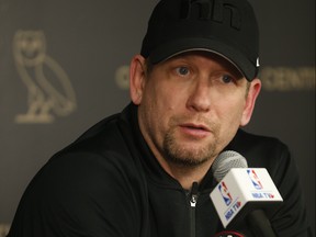 Toronto Raptors head coach Nick Nurse speaks to the media on Monday before Game 4, which goes tonight. 
(Jack Boland/Toronto Sun)