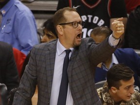 Raptors head coach Nick Nurse calls a play during the first half of his team’s game against the Milwaukee Bucks on May 25, 2019. (JACK BOLAND/Toronto Sun)