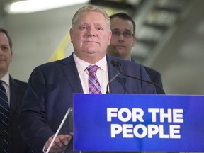 Ontario Premier Doug Ford, centre, stands with Jeff Yurek, right, Provincial Minister of Transportation and Monte McNaughton, Ontario's Minister of Infrastructure, during an announcement about Ontario's transit network, in Toronto on Wednesday, April, 10, 2019.