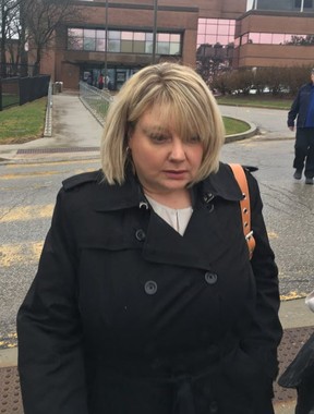 Jennifer Packwood, former mistress of lawyer James Morton, leaves Newmarket court on Friday, April 26, 2019. (Sam Pazzano/Toronto Sun/Postmedia Network)