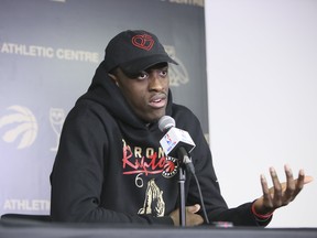 Pascal Siakam answers questions from the media after Raptors practice on Tuesday. (Veronica Henri/Toronto Sun)