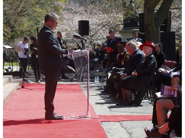 Mike Adair president of the Ontario Police Memorial foundation speaks to those in attendance at the 20th annual Ontario Police Memorial Foundation ceremony held at Queens Park honours the 266 officers who have fallen in the line of duty over the years on Sunday May 5, 2019. Jack Boland/Toronto Sun/Postmedia Network