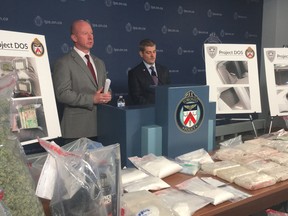 Organized Crime Enforcement Supt. Steve Watts (left) and Drug Squad Insp. Don Belanger (right) revealed details of Project Dos, an investigation into a major distribution ring that led to eight arrests and the seizure of millions in illicit drugs, at Toronto Police Headquarters on Thursday, May 9, 2019. (Chris Doucette/Toronto Sun/Postmedia Network)