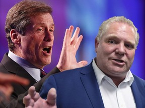 Doug Ford and John Tory (r) as three main Toronto mayoralty candidates speak at a debate at the Toronto Real Estate Board annual meeting at the Congress Centre in Etobicoke  on Tuesday October 21, 2014. Michael Peake/Toronto Sun/QMI Agency