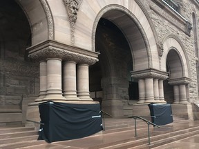 The Ontario Legislature Building at Queen's Park is seen here after the vandalism was covered up.