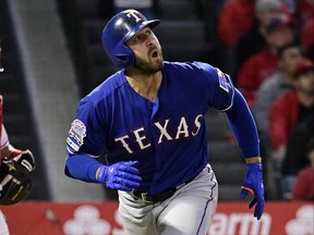 Texas Rangers' Joey Gallo heads to first on a three-run home run on Thursday, April 4, 2019, in Anaheim, Calif. (AP Photo/Mark J. Terrill)