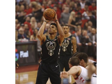 Milwaukee Bucks Giannis Antetokounmpo PF (34) at the free throw line during the first half  in Toronto, Ont. on Saturday May 25, 2019. Jack Boland/Toronto Sun/Postmedia Network