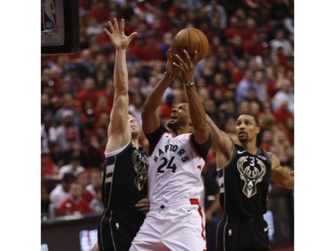 Toronto Raptors Norman Powell SF (24) through the air during third quarter in Toronto, Ont. on Saturday May 25, 2019. Jack Boland/Toronto Sun/Postmedia Network