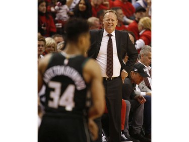 Milwaukee Bucks coach Mike Budenholzer during third quarter in Toronto, Ont. on Saturday May 25, 2019. Jack Boland/Toronto Sun/Postmedia Network