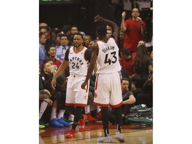 Toronto Raptors Norman Powell SF (24) pumped after scoring with teammate Pascal Siakam PF (43) during the first half  in Toronto, Ont. on Saturday May 25, 2019. Jack Boland/Toronto Sun/Postmedia Network