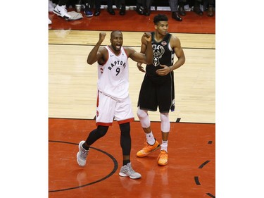 Toronto Raptors Serge Ibaka C (9) get the crowd going during third quarter in Toronto, Ont. on Saturday May 25, 2019. Jack Boland/Toronto Sun/Postmedia Network