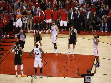 Toronto Raptors Kawhi Leonard SF (2) scores one of the final free throws of the game during fourth quarter in Toronto, Ont. on Saturday May 25, 2019. Jack Boland/Toronto Sun/Postmedia Network