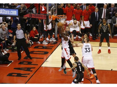 Toronto Raptors Pascal Siakam PF (43) goes to the rack against Milwaukee Bucks Ersan Ilyasova PF (77) during third quarter in Toronto, Ont. on Saturday May 25, 2019. Jack Boland/Toronto Sun/Postmedia Network