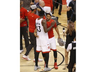 Toronto Raptors Pascal Siakam PF (43) hugs teammate Norman Powell after winning the Eastern Conference championship   in Toronto, Ont. on Saturday May 25, 2019. Jack Boland/Toronto Sun/Postmedia Network