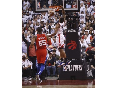 Toronto Raptors Kawhi Leonard SF (2) goes in and jams the ball during the first half in Toronto, Ont. on Sunday May 12, 2019.