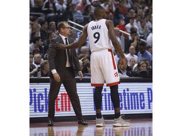 Toronto Raptors Serge Ibaka C (9) with head coach Nick Nurse during the first half in Toronto, Ont. on Sunday May 12, 2019.