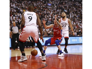 Philadelphia 76ers JJ Redick SG (17) loses control of the ball during the first half in Toronto, Ont. on Sunday May 12, 2019. Jack Boland/Toronto Sun/Postmedia Network