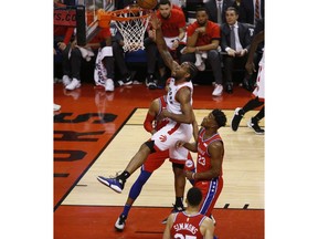 Toronto Raptors Kawhi Leonard SF (2) goes in for points during the third quarter in Toronto, Ont. on Sunday, May 12, 2019