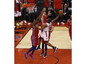 Toronto Raptors Kawhi Leonard SF (2) goes in for points during the third quarter in Toronto, Ont. on Sunday, May 12, 2019