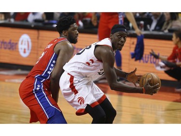 Toronto Raptors Pascal Siakam PF (43) looks to get past Philadelphia 76ers Joel Embiid C (21) during the first half in Toronto, Ont. on Sunday May 12, 2019. Jack Boland/Toronto Sun/Postmedia Network