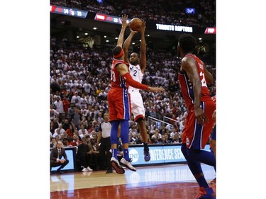 Toronto Raptors Kawhi Leonard SF (2) fires one up past Philadelphia 76ers Tobias Harris SF (33) during the third quarter in Toronto, Ont. on Sunday, May 12, 2019.