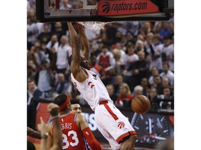 Toronto Raptors Kawhi Leonard SF (2) slams the ball after stealing off Philadelphia 76ers Joel Embiid C (21) during the first half in Toronto, Ont. on Sunday May 12, 2019. Jack Boland/Toronto Sun/Postmedia Network