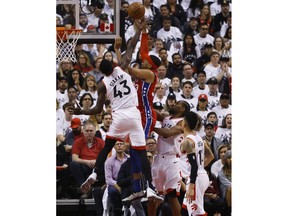 Toronto Raptors Pascal Siakam PF (43) blocks Philadelphia 76ers Tobias Harris SF (33) during the first half in Toronto, Ont. on Sunday May 12, 2019. Jack Boland/Toronto Sun/Postmedia Network