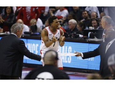 Toronto Raptors Kawhi Leonard SF (2) pleads his case after scoring a three during the first half in Toronto, Ont. on Sunday May 12, 2019. Jack Boland/Toronto Sun/Postmedia Network