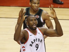 Toronto Raptors' Serge Ibaka gets the crowd going during third quarter in Toronto, Ont. on Saturday May 25, 2019. Jack Boland/Toronto Sun/Postmedia Network