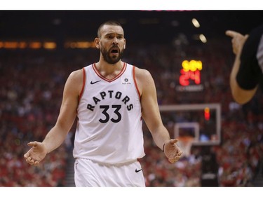 Toronto Raptors Marc Gasol C (33) reacts to a referee call during first quarter in Toronto, Ont. on Sunday May 19, 2019. Jack Boland/Toronto Sun/Postmedia Network
