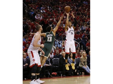 Toronto Raptors Danny Green SG (14) drops a three during fourth quarter in Toronto, Ont. on Sunday May 19, 2019. Jack Boland/Toronto Sun/Postmedia Network