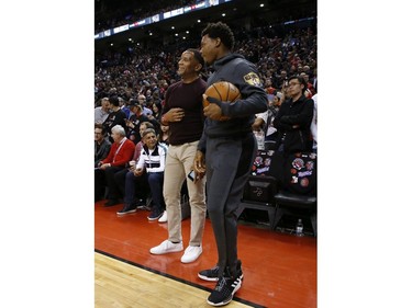 Former Raptor Damon Stoudamire speaks with Kyle Lowry before the game during the first half media in Toronto, Ont. on Thursday May 30, 2019. Jack Boland/Toronto Sun/Postmedia Network