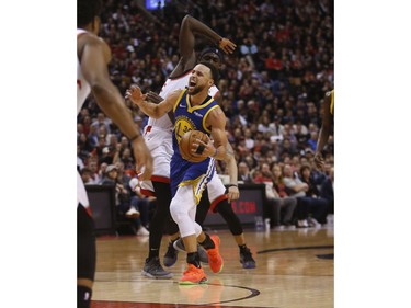 Golden State Warriors Stephen Curry PG (30) looks for a foul on Toronto Raptors Pascal Siakam PF (43) but then shoots during the third quarter in Toronto, Ont. on Thursday May 30, 2019. Jack Boland/Toronto Sun/Postmedia Network