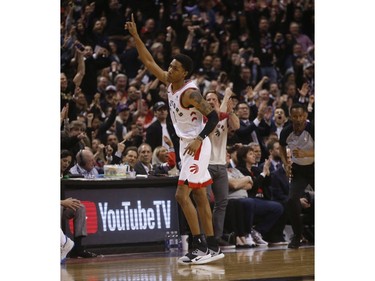 Toronto Raptors Patrick McCaw SG (1) points after draining a three ball during the third quarter in Toronto, Ont. on Thursday May 30, 2019. Jack Boland/Toronto Sun/Postmedia Network