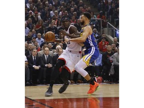 Toronto Raptors Pascal Siakam PF (43) goes up against Golden State Warriors Stephen Curry PG (30) during the first half media in Toronto, Ont. on Thursday May 30, 2019. Jack Boland/Toronto Sun/Postmedia Network
